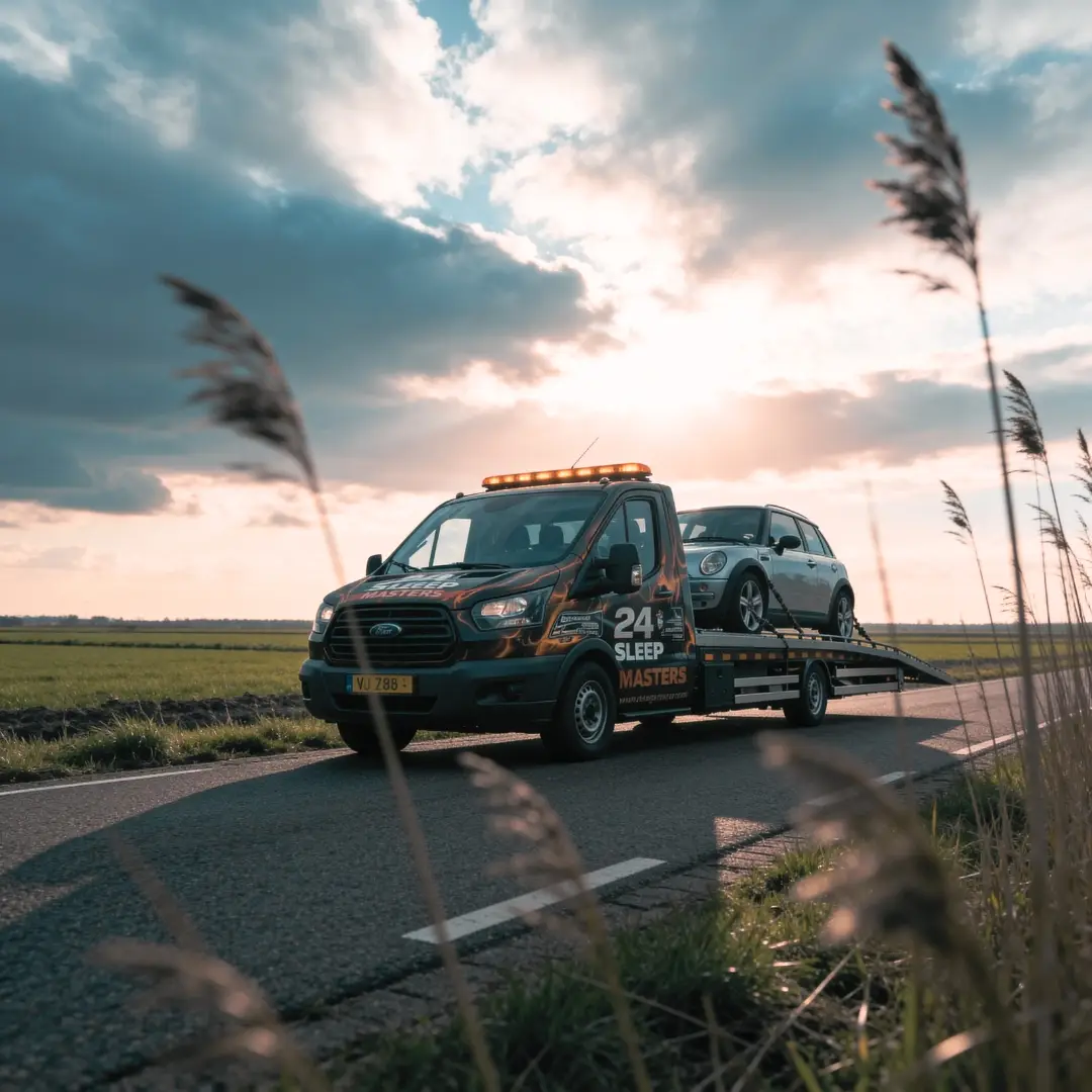 De oprijwagen van 24 Sleepmasters met een auto op de laadklep langs de weg